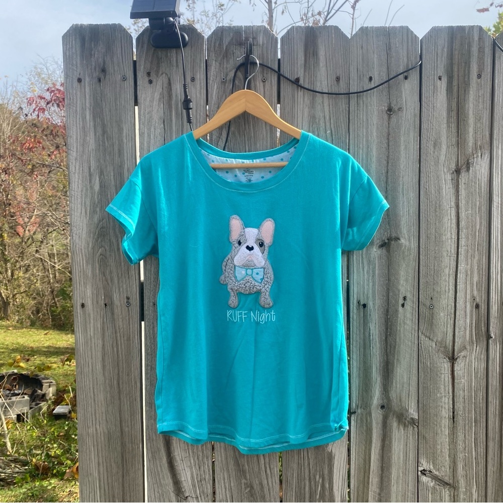 Secret Treasures Small Ruff Night Dog‎ Embroidered Teal Graphic Shirt